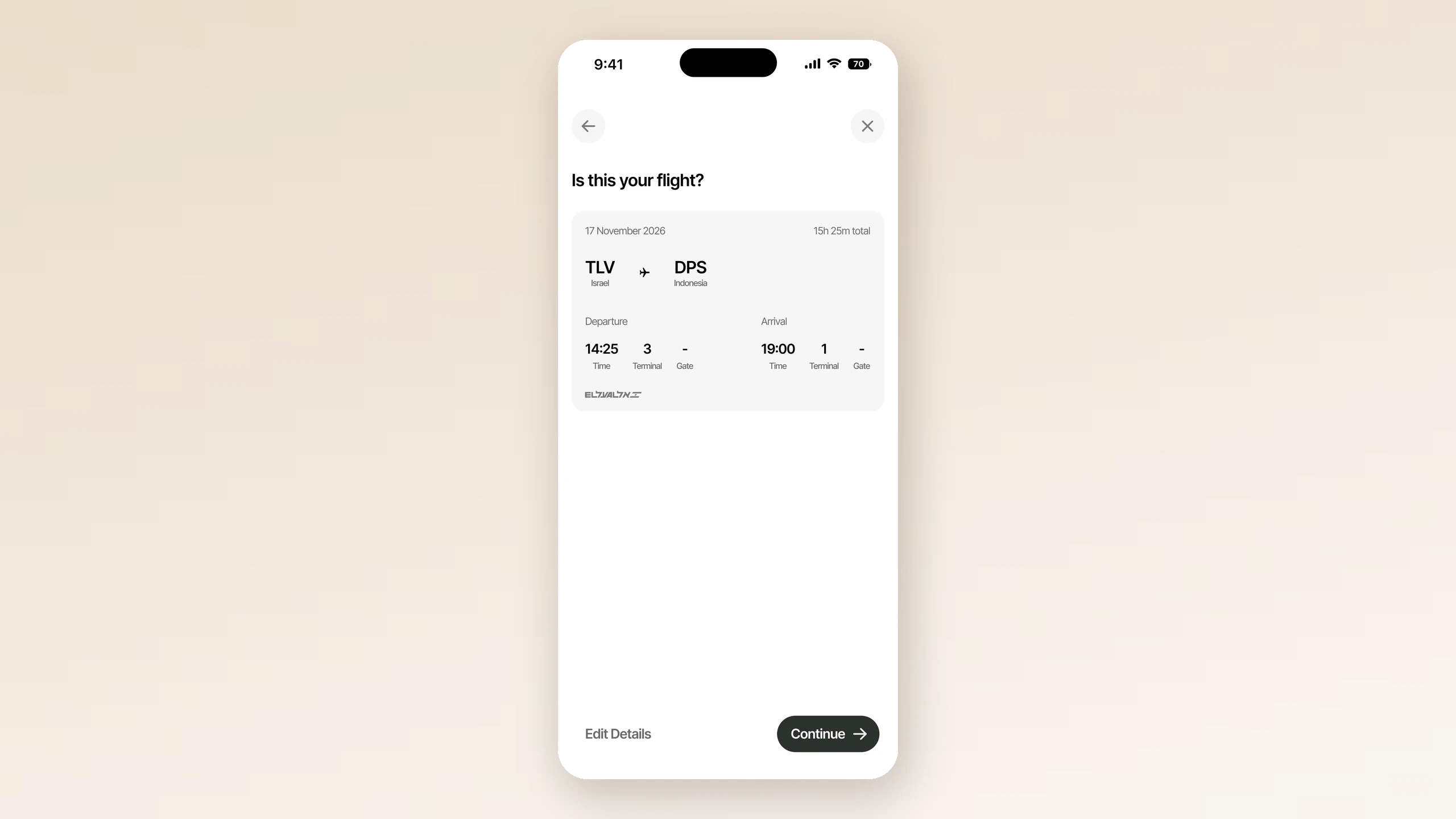 Hush: the flight the app found from a booking code, Tel Aviv to Denpasar, waiting to be confirmed