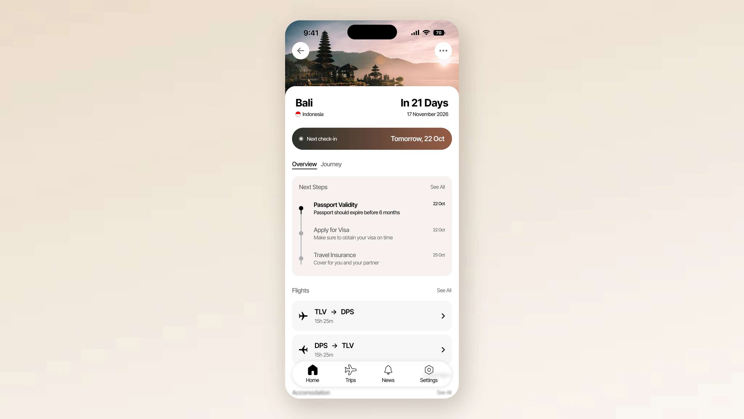 Hush: the trip screen for Bali, showing the countdown, the next check-in and the flights