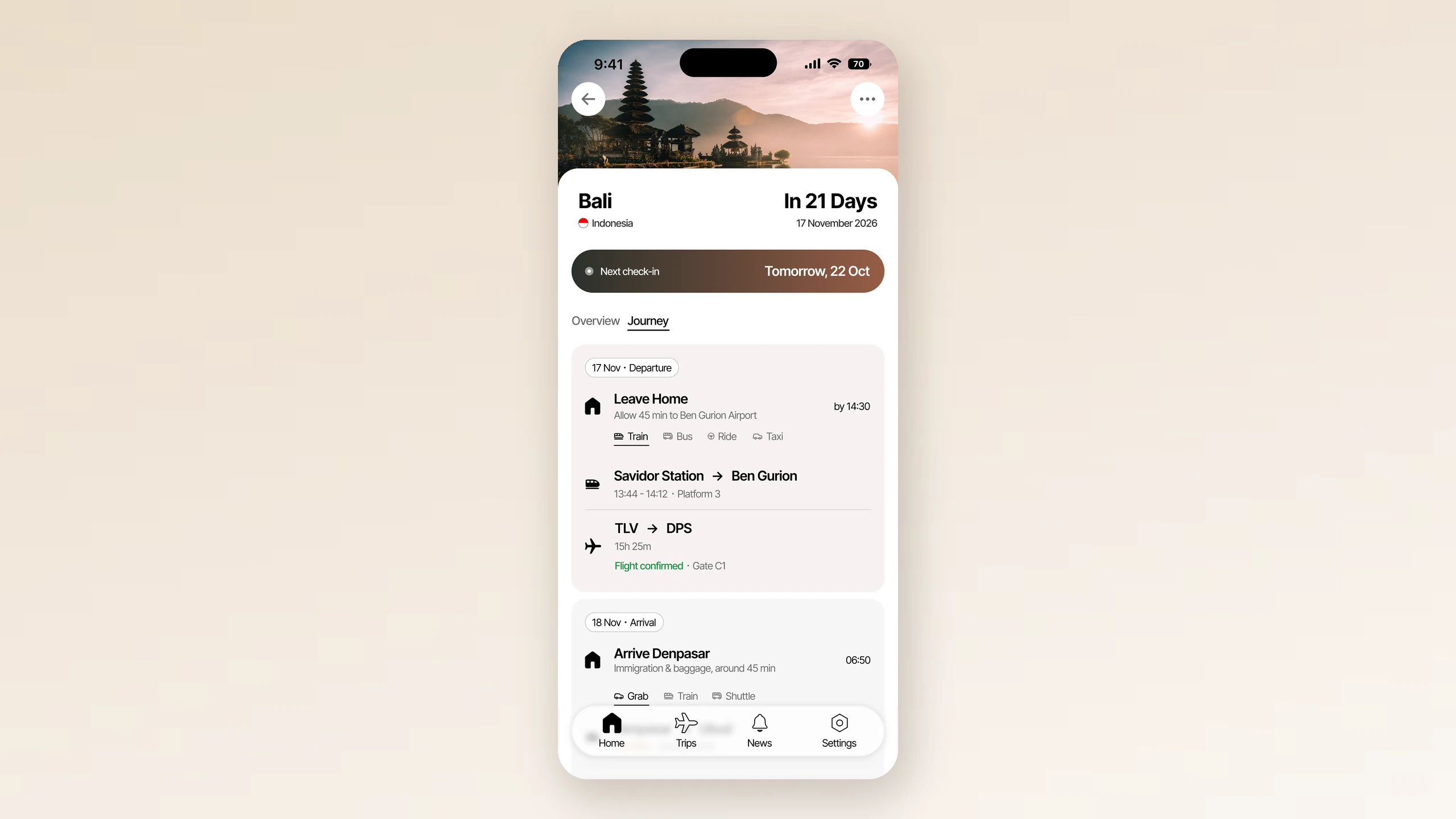 Hush: the journey screen, sequencing the day from leaving home to the pickup at Denpasar