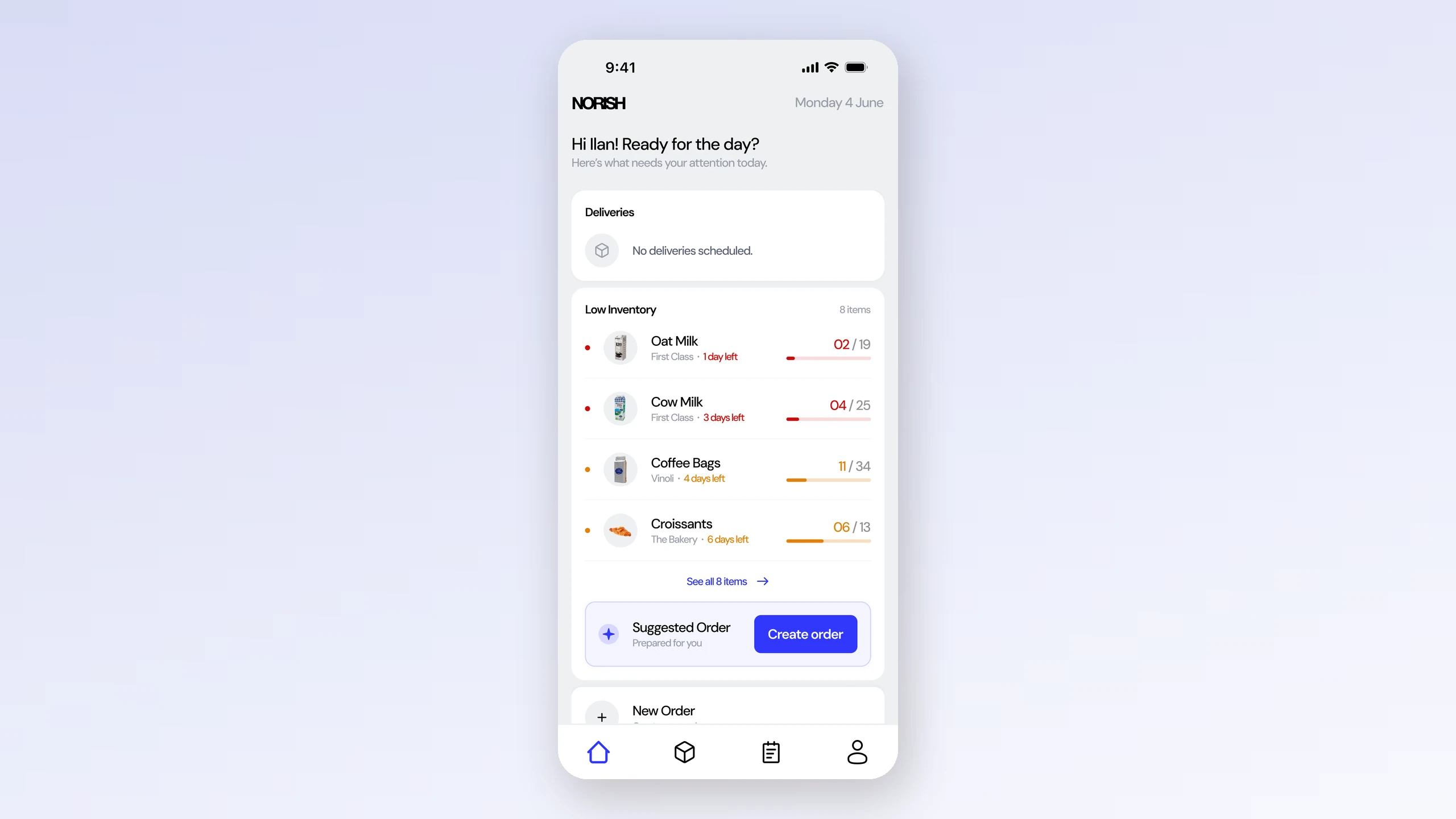 Restock: the home screen, listing what is low with how long each item lasts and a drafted order waiting below it