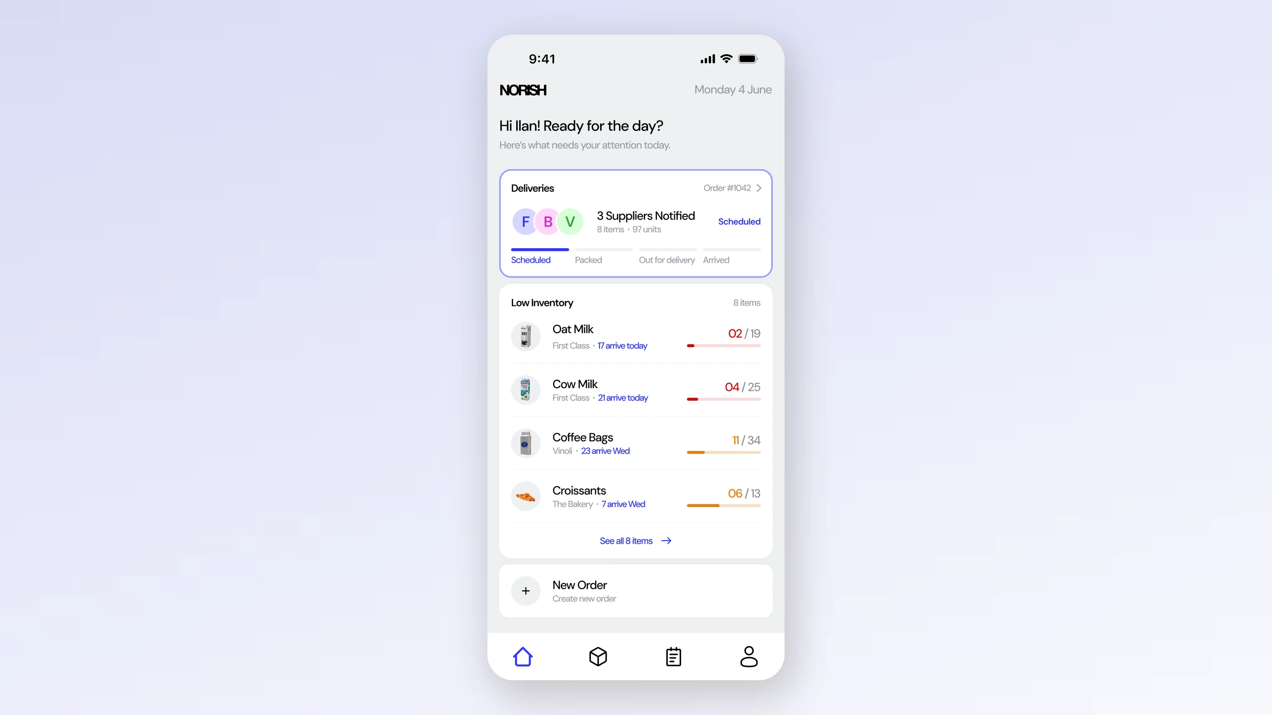 Restock: the home screen after the order has gone, with a delivery tracker and arrival days in place of the warnings