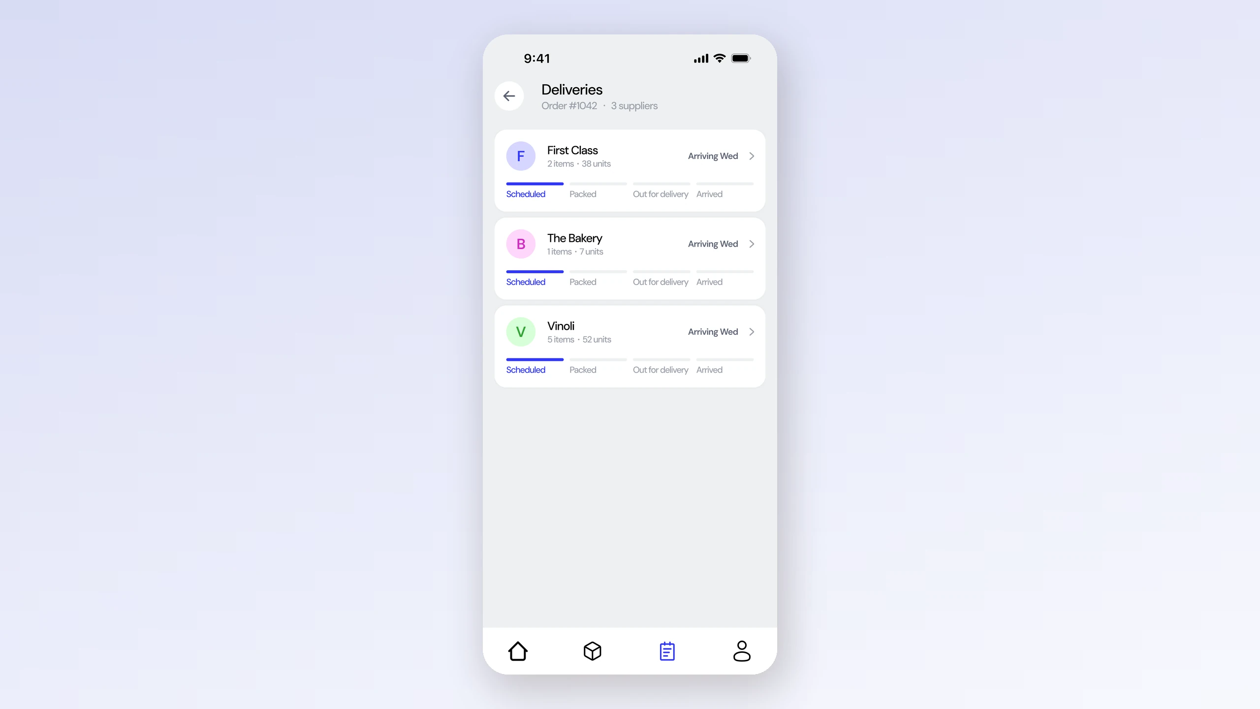 Restock: the deliveries screen, one card per supplier moving from scheduled through to arrived
